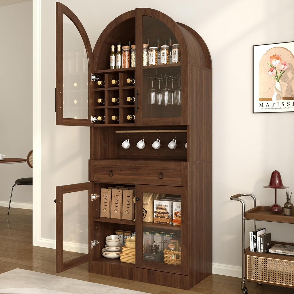 Merax 70" Tall Arched Farmhouse Pantry Cabinet with Glass Doors, Walnut | Mid-Century Kitchen Storage Cupboard with 9 Wine Racks, Adjustable Shelf, and Large Drawer for Coffee Bar, Liquor Storage
