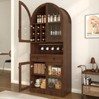 Merax 70" Tall Arched Farmhouse Pantry Cabinet with Glass Doors, Walnut | Mid-Century Kitchen Storage Cupboard with 9 Wine Racks, Adjustable Shelf, and Large Drawer for Coffee Bar, Liquor Storage
