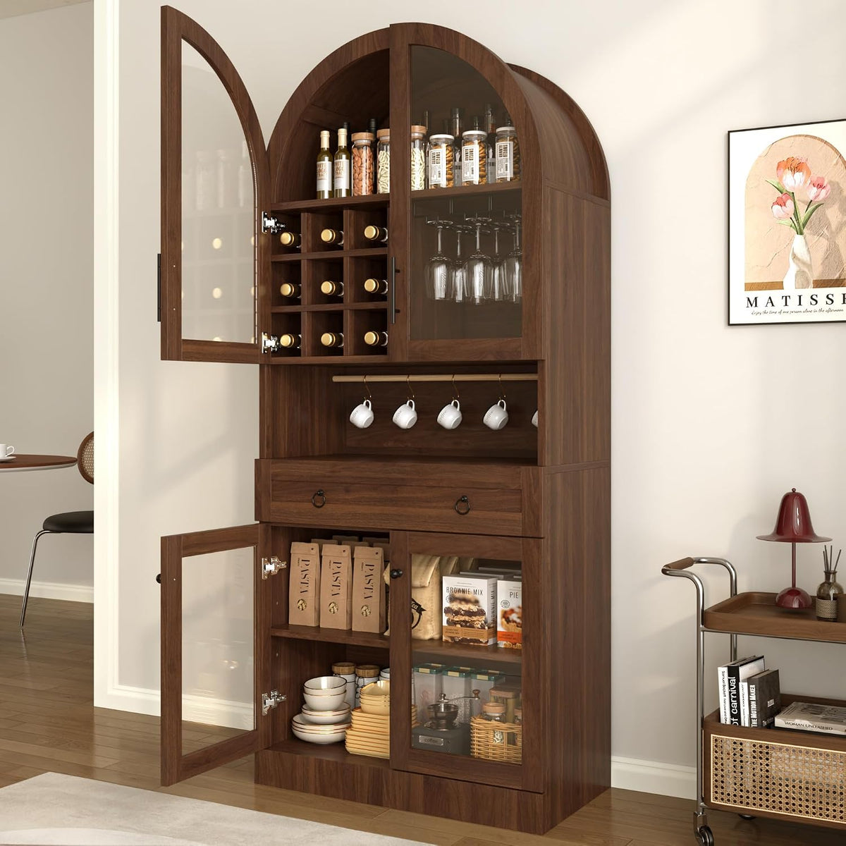 Merax 70" Tall Arched Farmhouse Pantry Cabinet with Glass Doors, Walnut | Mid-Century Kitchen Storage Cupboard with 9 Wine Racks, Adjustable Shelf, and Large Drawer for Coffee Bar, Liquor Storage