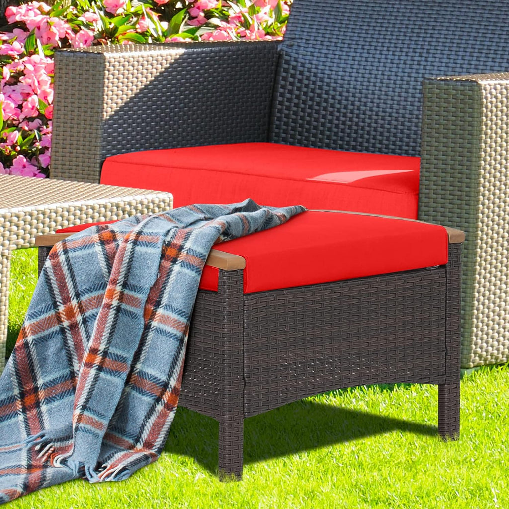 Tangkula 2 Piece Patio Rattan Ottomans, Outdoor Wicker Footstool w/Acacia Wood Handles, Soft Zippered Cushions, 3-in-1 Function Footstool Seat & Side Table for Backyard, Balcony, Poolside (Red)