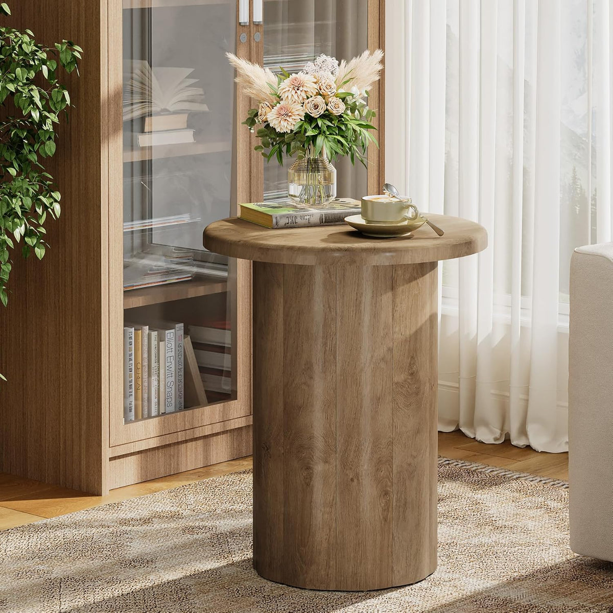 Tribesigns Round Side Table for Living Room, Farmhouse Small End Table with Fluted Base, 20-Inch Rustic Brown Nightstand, Accent Furniture for Small Space Bedroom Apartment