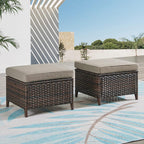 Outdoor Ottomans Patio Foot Rest - 2 Piece Wicker Rattan Ottoman Footrests Footstools with Comfortable Cushions for Patio Porch Deck Balcony Garden(Brown Wicker/Grey Cushion)