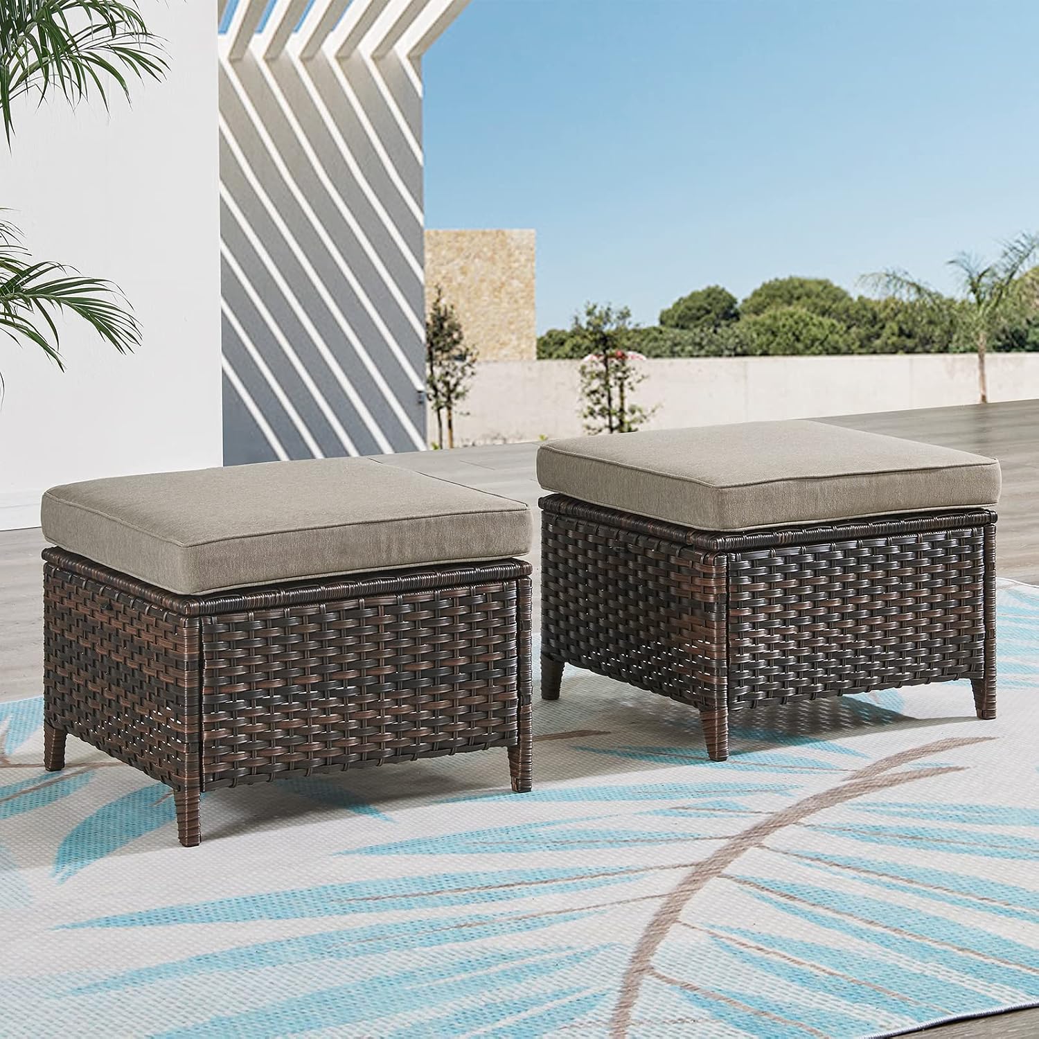 Outdoor Ottomans Patio Foot Rest - 2 Piece Wicker Rattan Ottoman Footrests Footstools with Comfortable Cushions for Patio Porch Deck Balcony Garden(Brown Wicker/Grey Cushion)