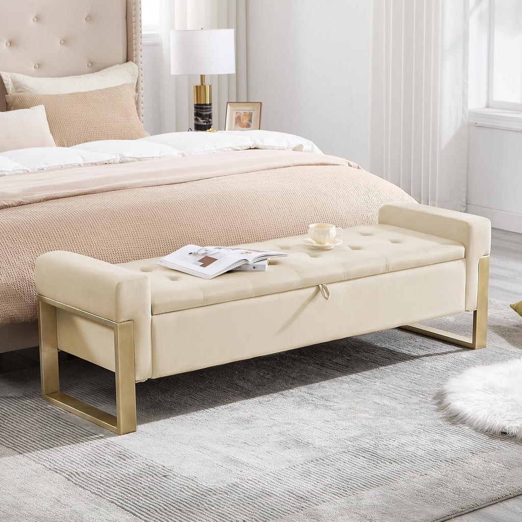 End of Bed Storage Bench, 67'' Bench for Bedroom Foot of Bed King Size, Modern Velvet Storage Ottoman Benches with Gold Legs for Windows Living Room, Beige