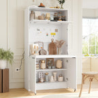 Farmhouse Kitchen Pantry Cabinet with Foldable Workstation, Kitchen Storage Cabinets with Adjustable Shelf & Power Outlet, Versatile Cupboard for Dining Room, Living Room,White