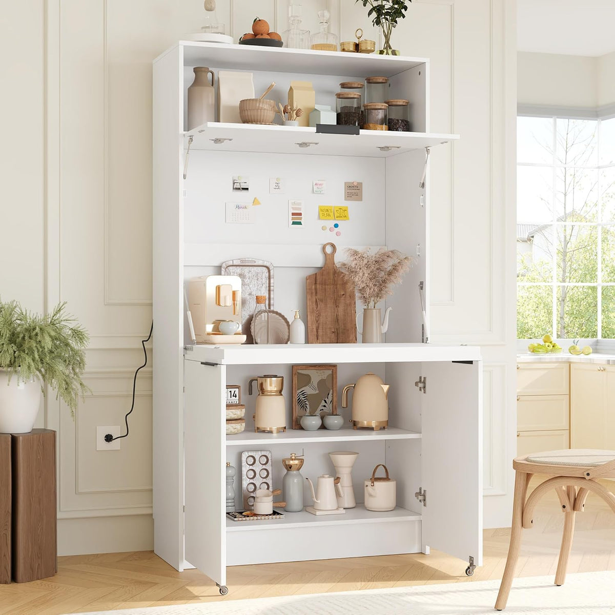 RuiSiSi 69" Kitchen Pantry Buffet with Hutch and and Foldable Workstation, Multifunctional Storage Cabinet with Adjustable Shelf and Charging Station for Dining, Living Room, White