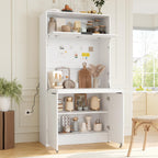 Pantry Cabinet with Hutch and Foldable Workstation, Multifunctional Wood Cupboard with Adjustable Shelf and Power Outlet for Dining, Living Room (White)