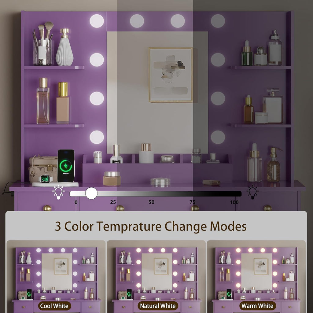 HUANLEGO Vanity Desk with Mirror and Lights, Makeup Vanity with Mirror and LED Lights & Power Outlet, 3 Drawers and Cabinets, 3 Lighting Modes Dressing Table Set for Girls Women Bedroom,Purple