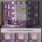 HUANLEGO Vanity Desk with Mirror and Lights, Makeup Vanity with Mirror and LED Lights & Power Outlet, 3 Drawers and Cabinets, 3 Lighting Modes Dressing Table Set for Girls Women Bedroom,Purple