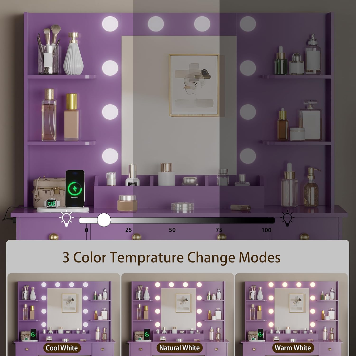 HUANLEGO Vanity Desk with Mirror and Lights, Makeup Vanity with Mirror and LED Lights & Power Outlet, 3 Drawers and Cabinets, 3 Lighting Modes Dressing Table Set for Girls Women Bedroom,Purple