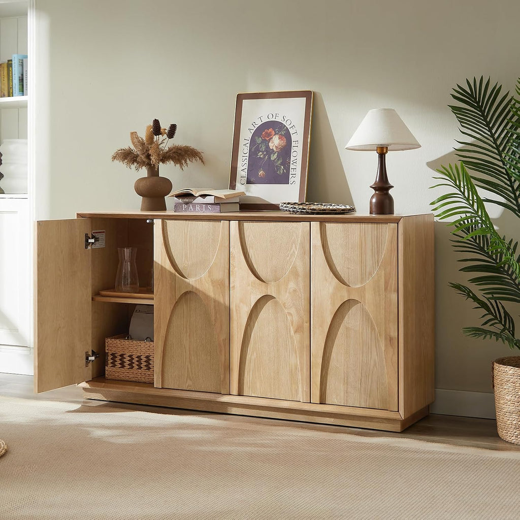 LKTART 59" Sideboard Buffet Cabinet Retro Accent Storage Cabinet with Magnetic Door Latches Adjustable Shelf for Living Room Kitchen(Natural Oak)