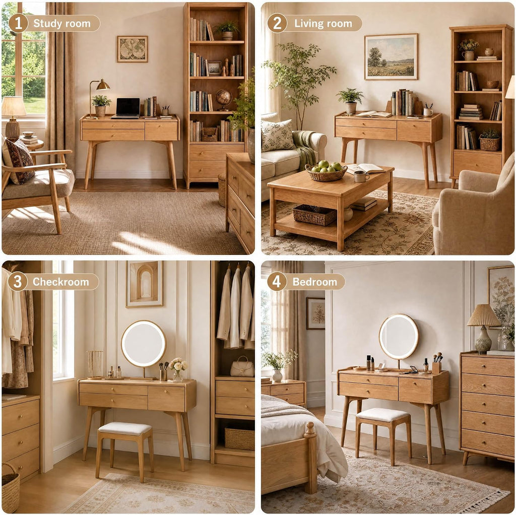 Small Vanity Desk, Solid Wood Dressing Table with Drawer Divider, Study Desk and Vanity Desk for Bedroom, 40" D x 18" W x 32" H
