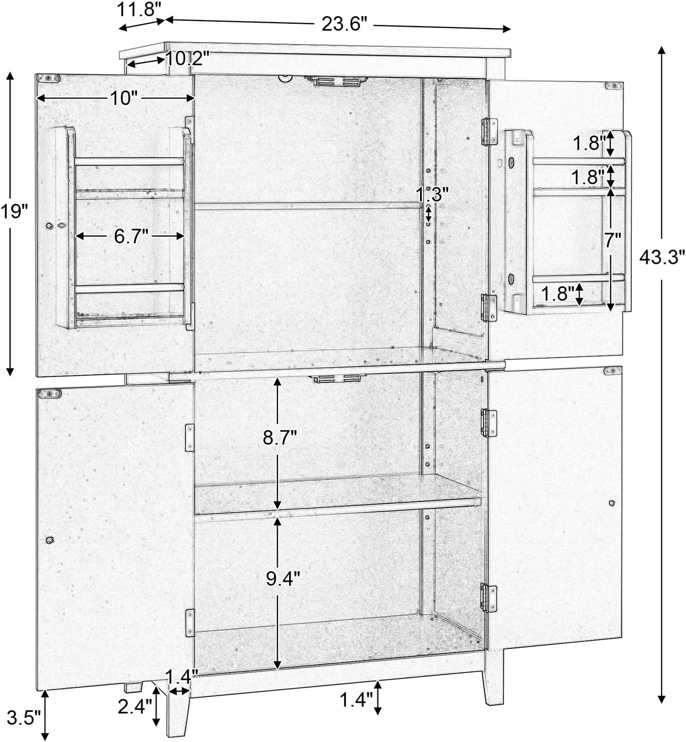 43.3" Tall Kitchen Storage Cabinet with Doors, Freestanding Pantry Cabinet with Hanging Shelves& Adjustable Shelves, Large Space Wooden Farmhouse Cupboard for Kitchen, Dining Room& Living Room (Black)