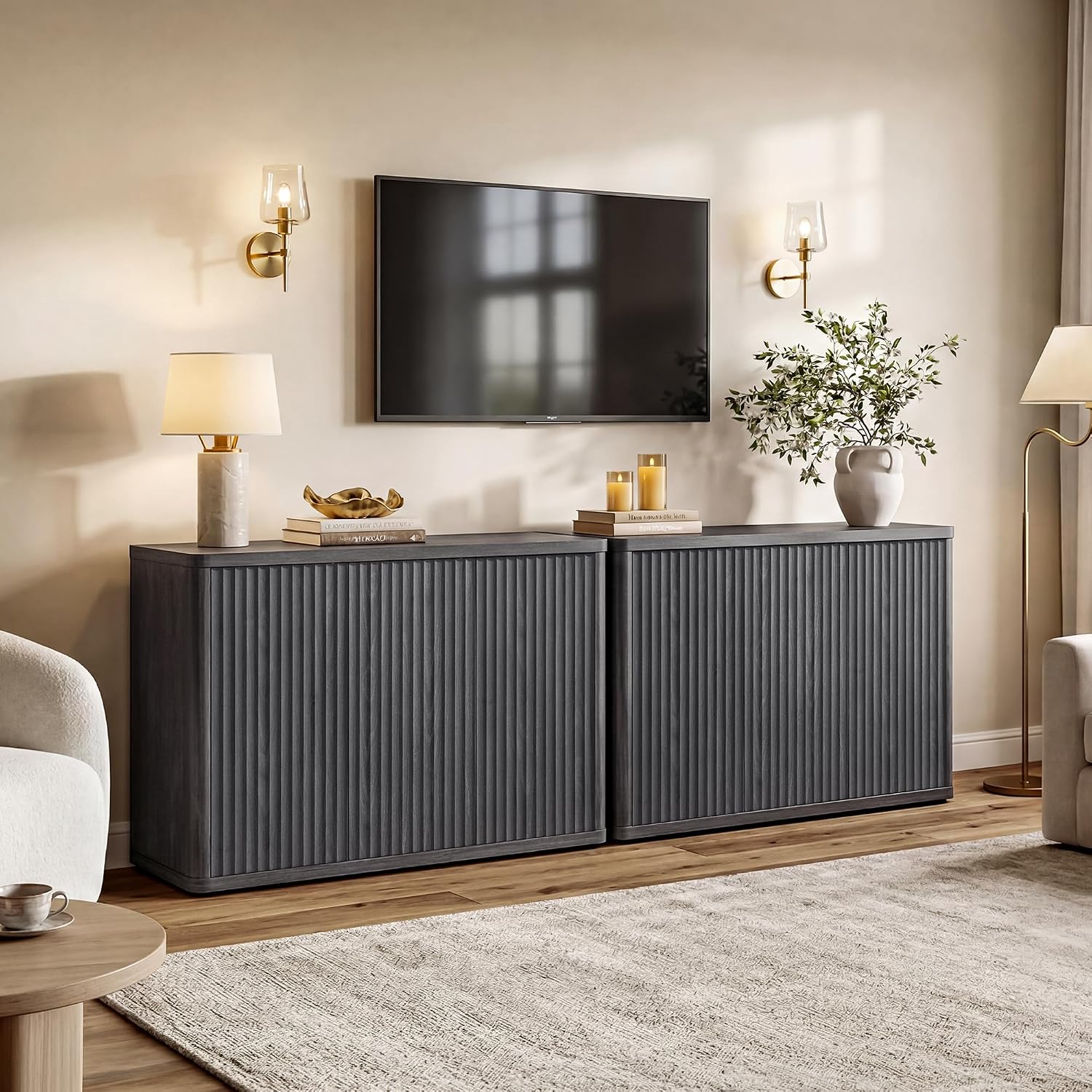 SICOTAS Buffet Cabinet with Storage Accent Sideboard with 3 Doors Modern 46.6" Wide Credenza Fluted Buffet Table Media Console Cabinet Entryway Cabinets for Living Room Kitchen Dining Room Hallway