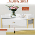 Gold & White Side Table with Storage Basket, Tall End Table with Drawer, 4-Tier Bathroom Storage Shelf with Optional Wheels, Nightstand for Dorm, Living Room, Bedroom