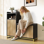 L-Shaped Shoe Storage Bench with Cushioned Seat & 2 Flip Drawer, 39'' Entryway Bench with Wave Door & Adjustable Shelves, Farmhouse Bench Cabinet for Entryway, Hallway (Natural & Black)