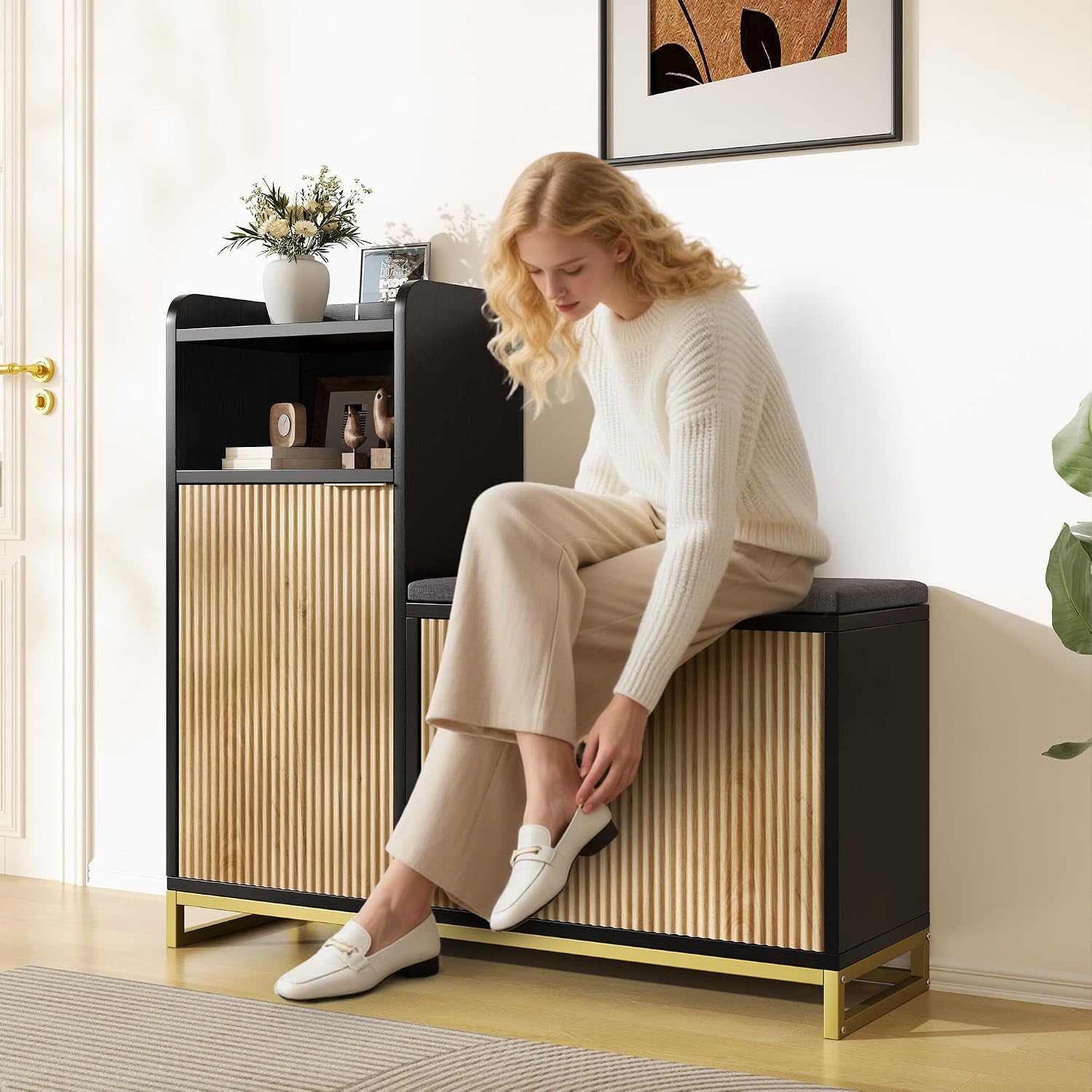 L-Shaped Shoe Storage Bench with Cushioned Seat & 2 Flip Drawer, 39'' Entryway Bench with Wave Door & Adjustable Shelves, Farmhouse Bench Cabinet for Entryway, Hallway (Natural & Black)