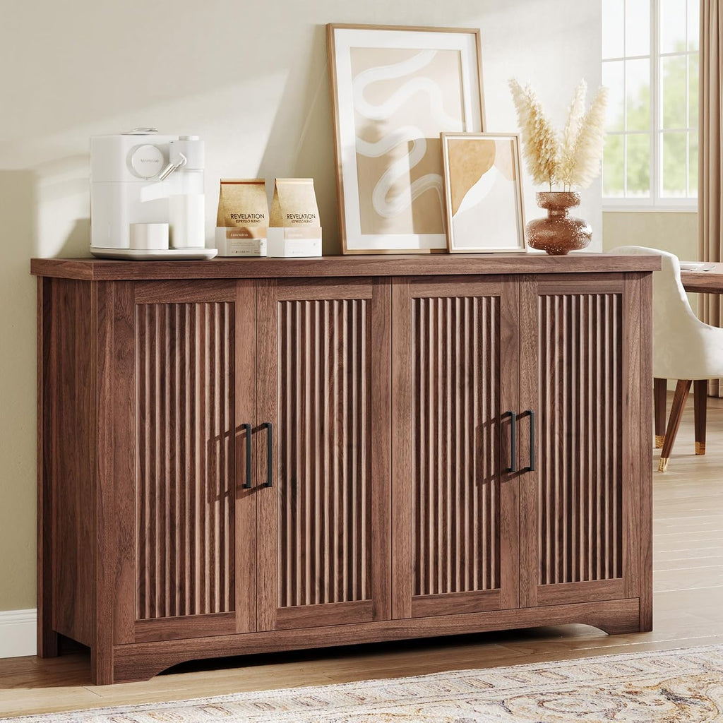 Memobarco Fluted Buffet Cabinet with Storage Accent Sideboard,Modern Credenza with 4 Doors & Adjustable Shelves,Wood Coffee Bar Table Console for Dining Room Kitchen Living Room Entryway, Walnut