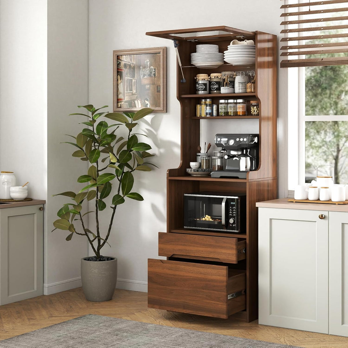 Kitchen Pantry Hutch Cabinet, Farmhouse Kitchen Hutch Buffet Cabinet with 2 Drawers and Shelves, Sideboard Buffet Cabinet with Microwave Stand for Dining Room, Kitchen