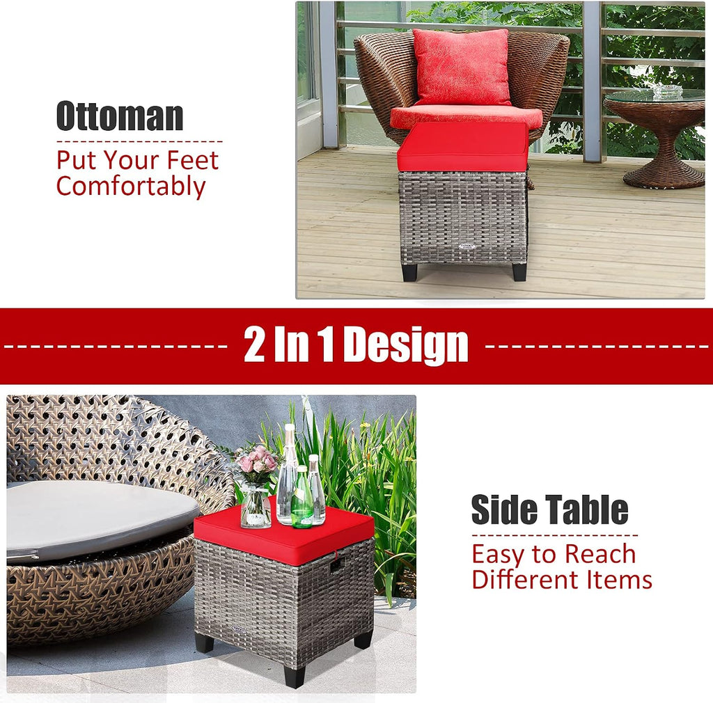 RELAX4LIFE 2-Piece Patio Rattan Ottomans - Outdoor Wicker Furniture w/ 2 Footrest Stools, Comfortable Cushions & Steel Metal Frame, All-Weather Patio Set for Backyard,Garden (Red)