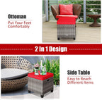 RELAX4LIFE 2-Piece Patio Rattan Ottomans - Outdoor Wicker Furniture w/ 2 Footrest Stools, Comfortable Cushions & Steel Metal Frame, All-Weather Patio Set for Backyard,Garden (Red)