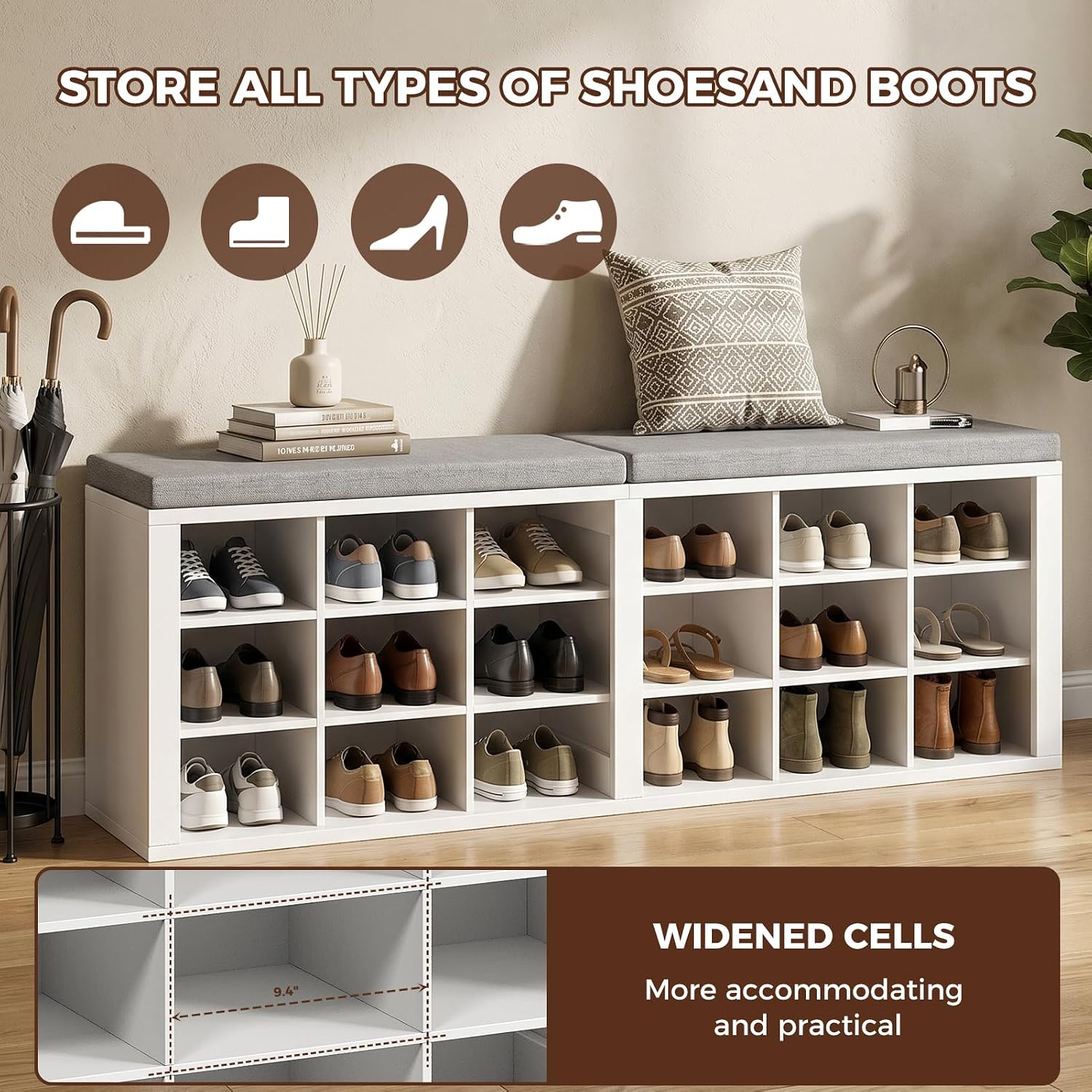 ITEFDTUTNE Shoe Rack Bench, 18 Cubbies Shoe Storage Bench with Cushion, 59" | Entryway Bench with Shoe Storage, Widened Organizer Cabinet for Entryway Hallway Bedroom Living Room, Holds Up to 400lbs