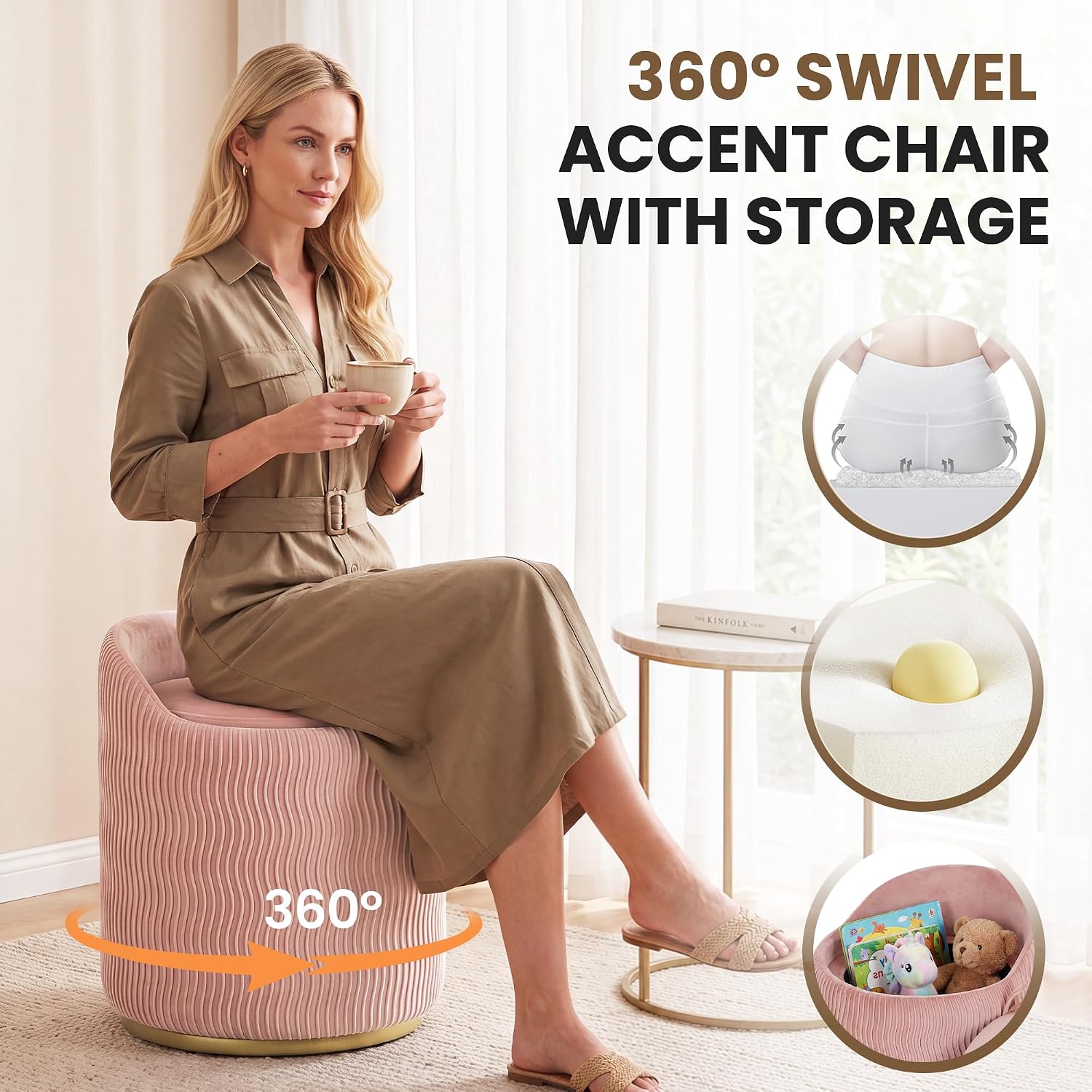 Vanity Chair with Storage Set of 2, 360° Swivel Velvet Makeup Chair with Wave Backrest, Modern Upholstered Round Accent Chair, No Assembly Vanity Stool for Bedroom, Dressing Room & Living Room, Pink