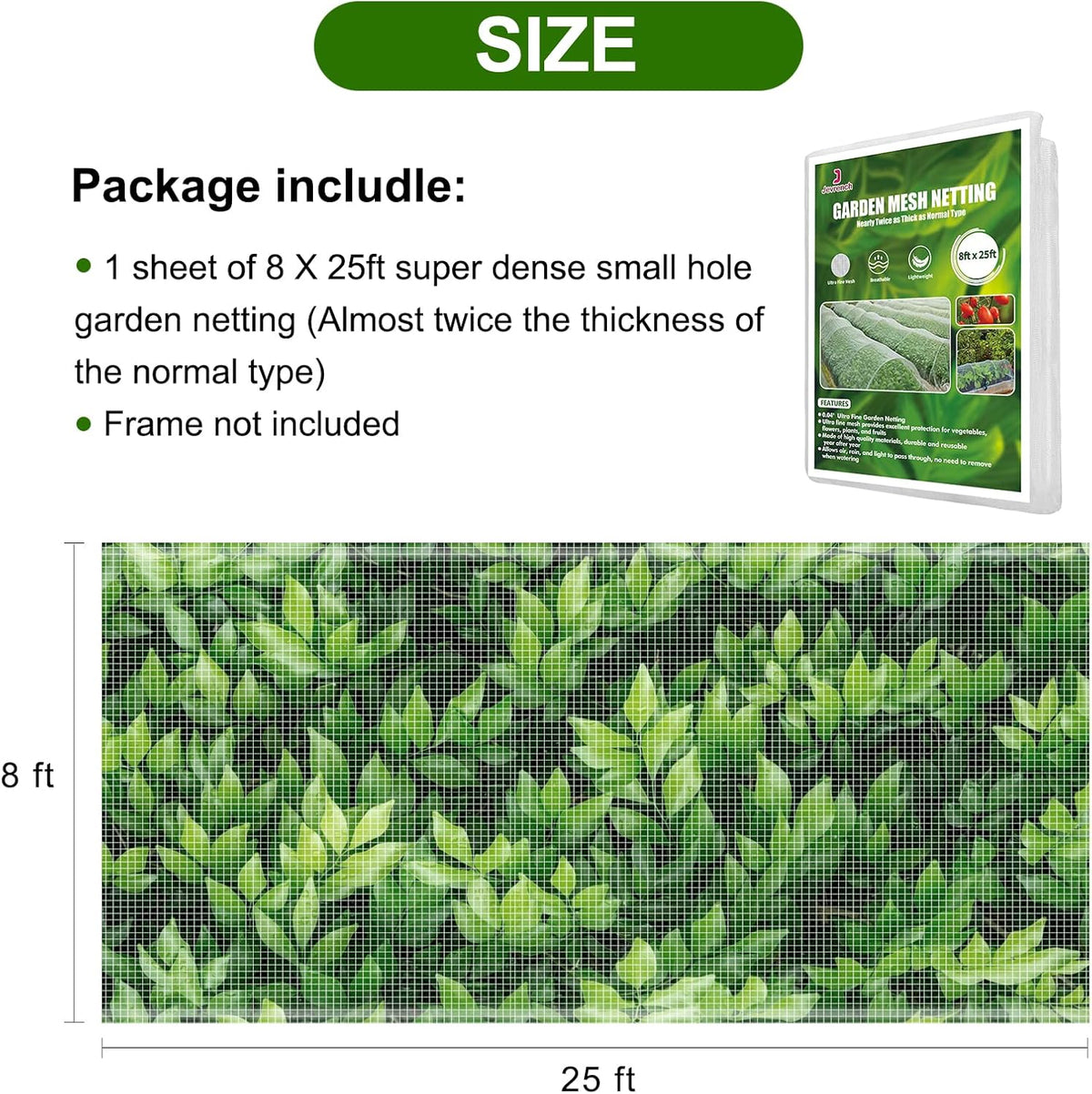 Garden Netting, Jevrench Durable Ultra Fine Garden Netting, Garden Plant Cover Row Cover Makes Plants, Vegetables, Fruits, and Flowers Grow Better (8ft x 25ft)