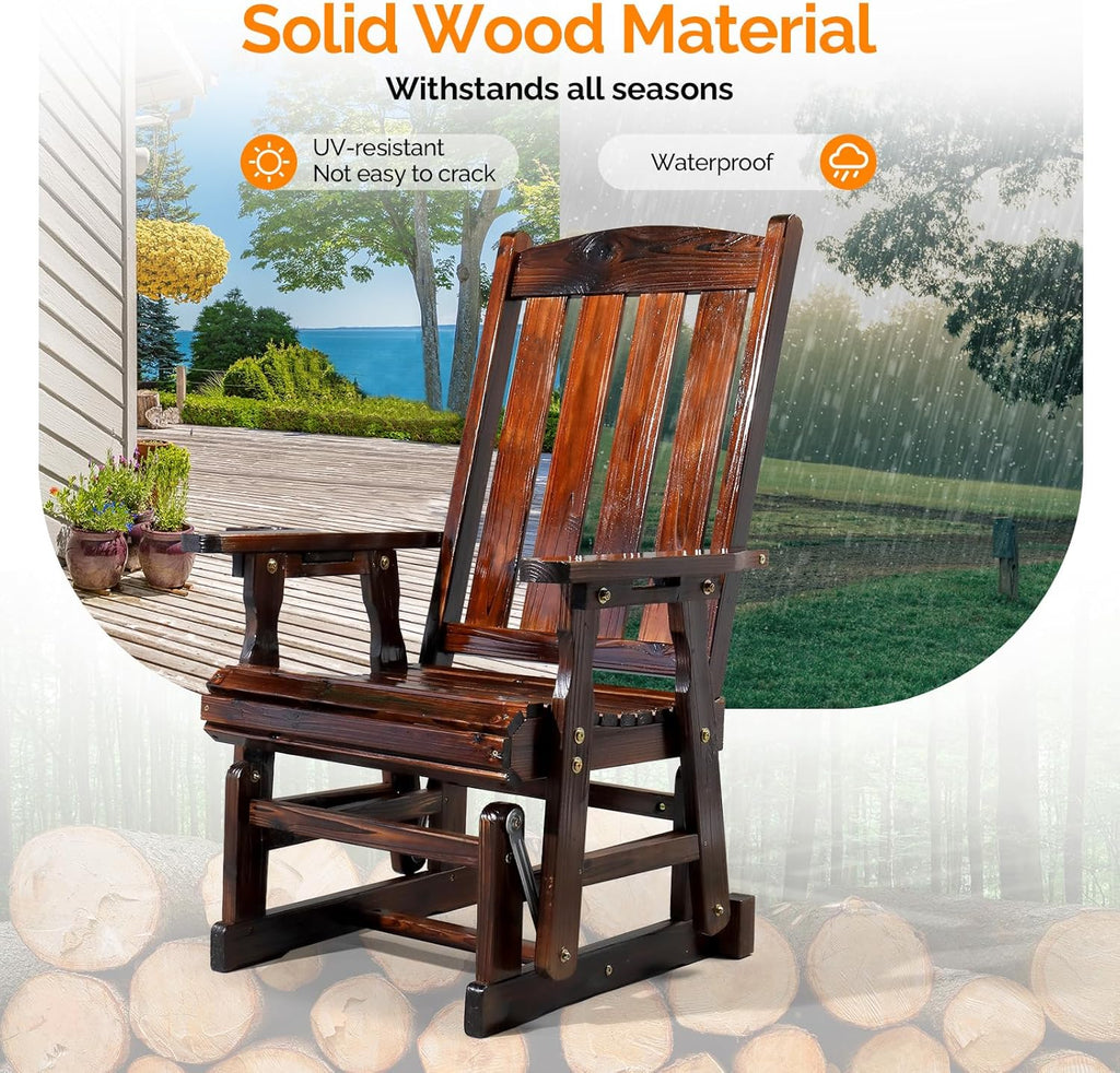 VINGLI Outdoor Glider Chair Wood Patio Glider with Cup Holder, Porch Glider with Smooth Rocking Mechanism, Heavy Duty 600 LBS, Rustic