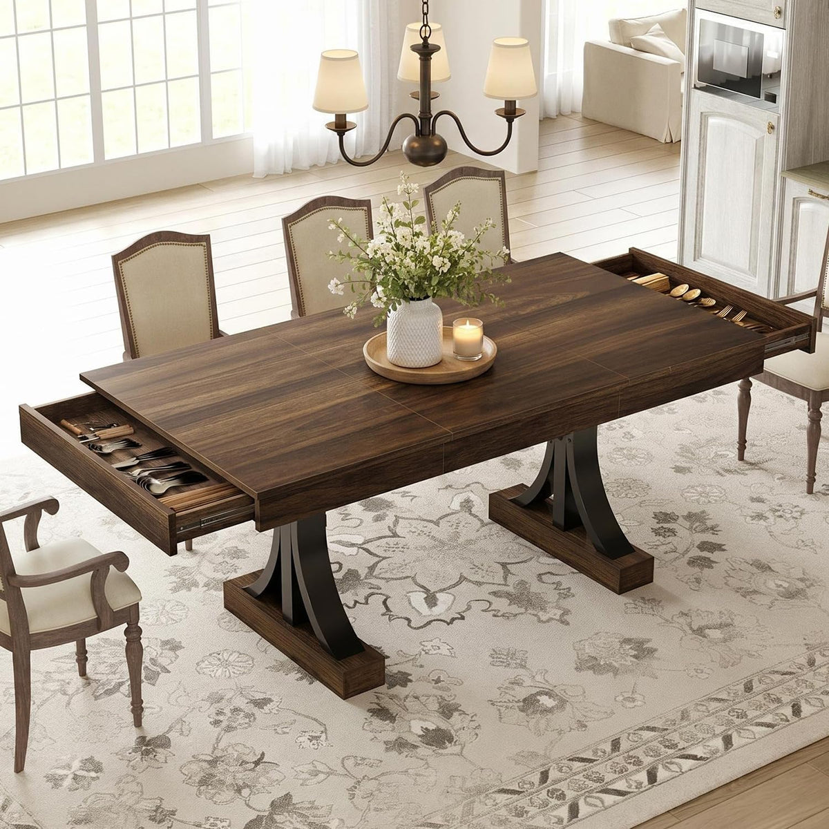 Garvee 71-Inch Dining Table with 2 Drawers,Rectangular Dining Table for 6-8 with Double Pedestal & Sturdy Frame, Industrial Wooden Kitchen Table with Large Tabletop, for Dinner, Walnut