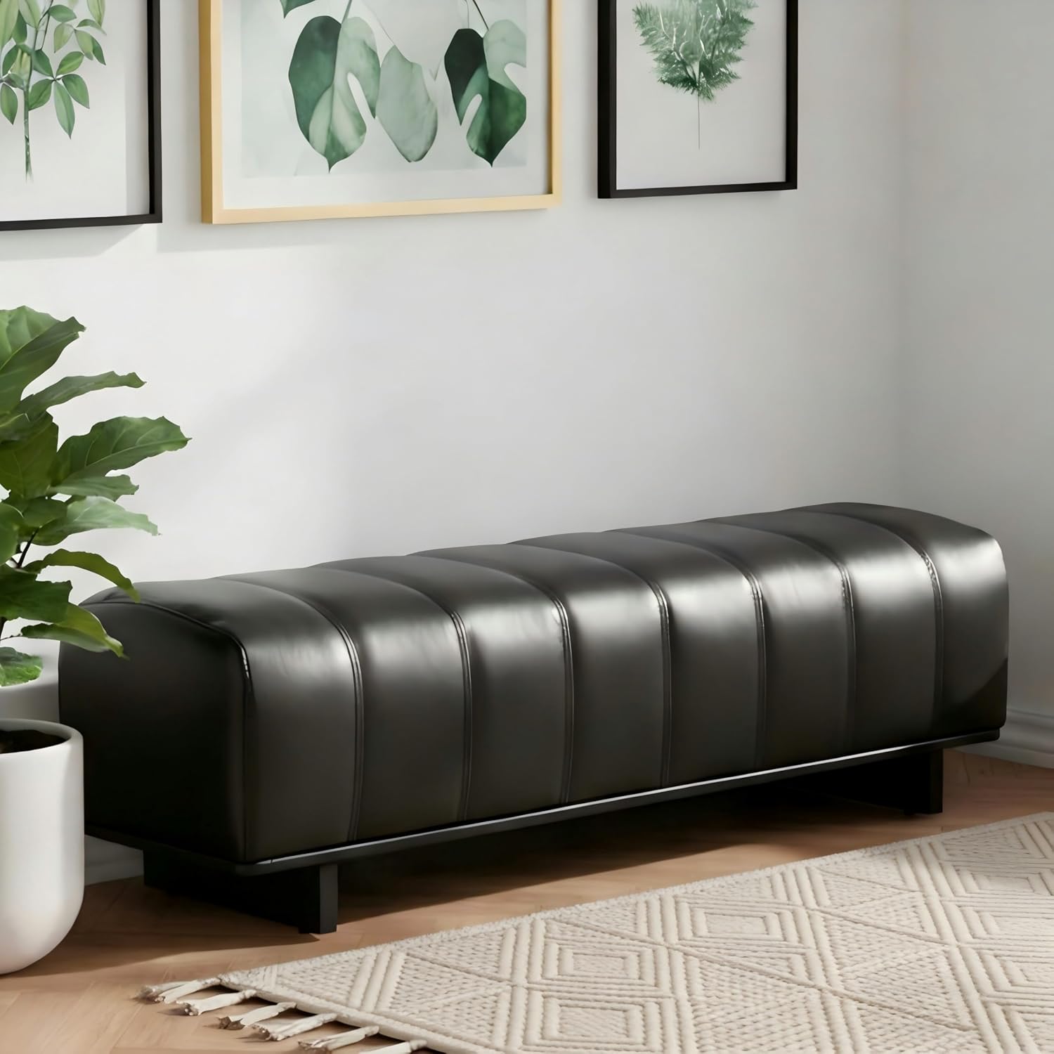 Christopher Knight Home Lamie Faux Leather Upholstered Dining Bench, Wooden Entryway Bench, Long Sofa Footstool for Living Room, Bedroom End of Bed Bench, Black