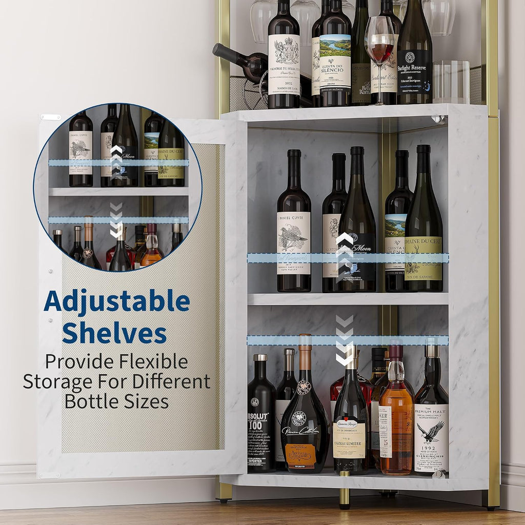 GarveeHome Corner Wine Cabinet with Detachable Wine Rack, 5-Tier Industrial Corner Bar Cabinet with Barn Door and Glass Holder, Farmhouse Buffet Cabinet and Home Bar, Gold