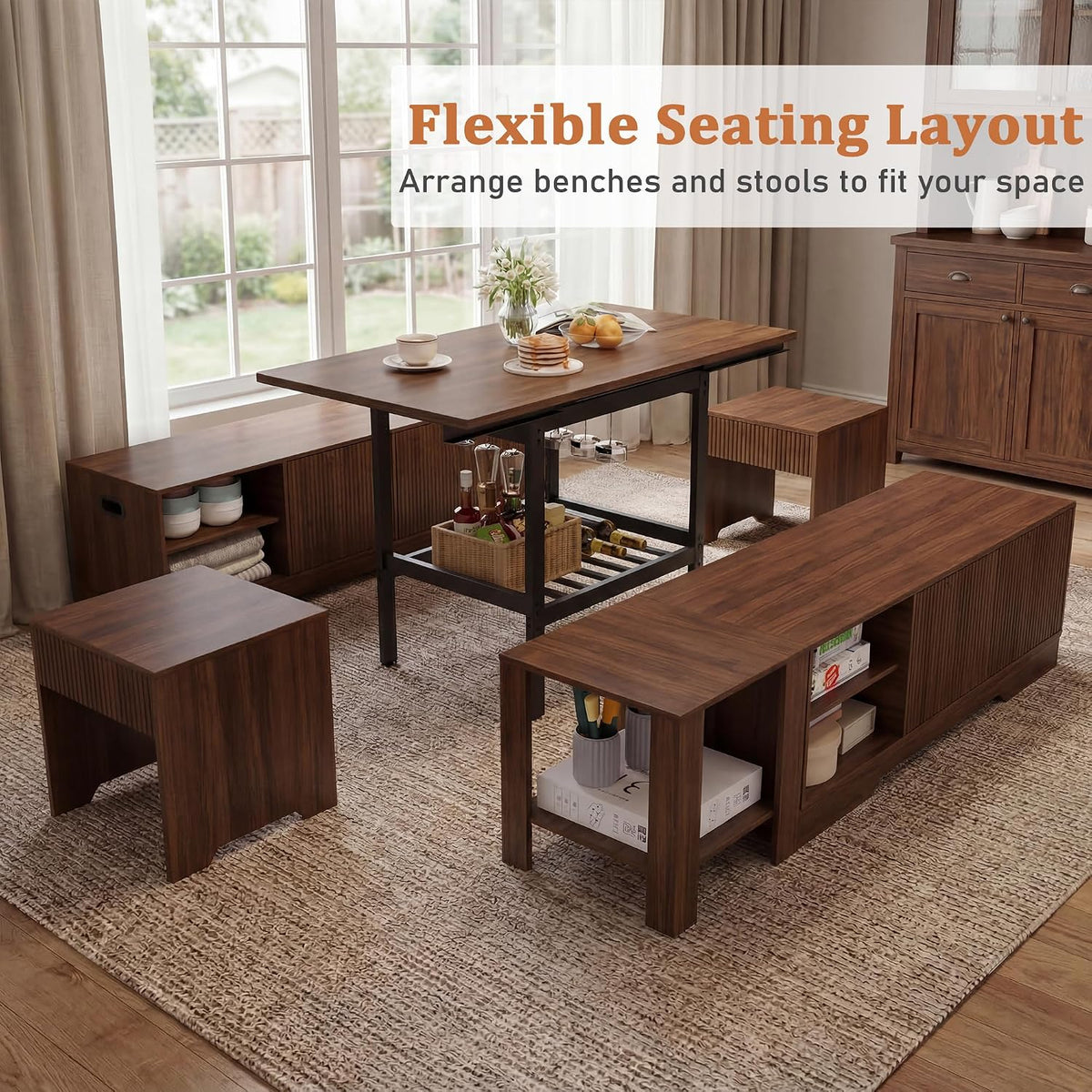 Extendable Breakfast Nook Table Set with Storage Benches & Stools, 6-Piece Corner Dining Table Set, Kitchen Nook Table Set with Glass Holder for Small Space, Indoor/Outdoor Use (Walnut(No Cushion))