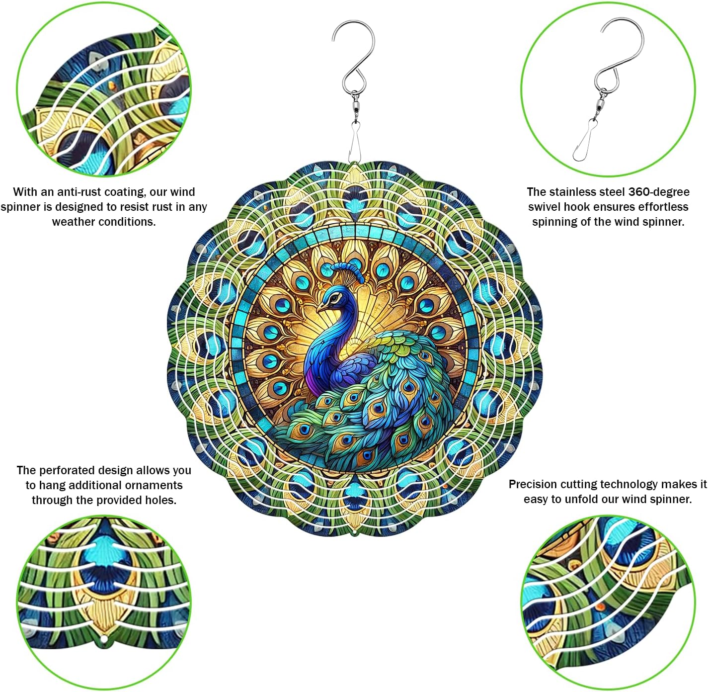 Peacock Wind Spinner, 3D Hanging Stainless Steel Garden Spinner, Wind Spinner Hanging for Outdoor & Indoor Décor, Unique Gifts for Yard Garden Decoration or Patio Décor (Peacock)