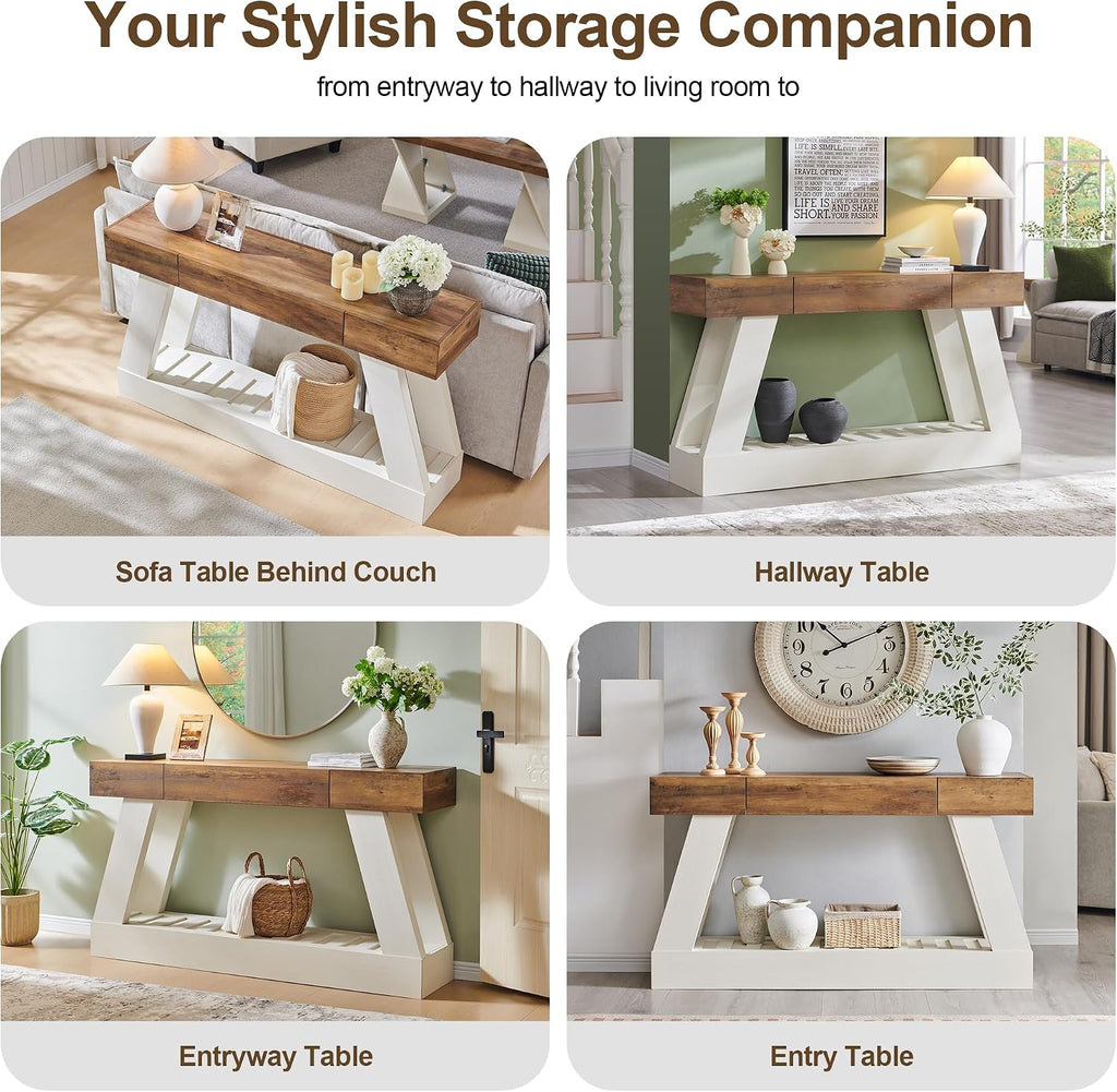 OKD 60" Farmhouse Entryway Table with Drawer, Console Table Behind Sofa | Narrow Long Entryway for Hallway, Living Room, Hallway, Behind Couch(Antique White)
