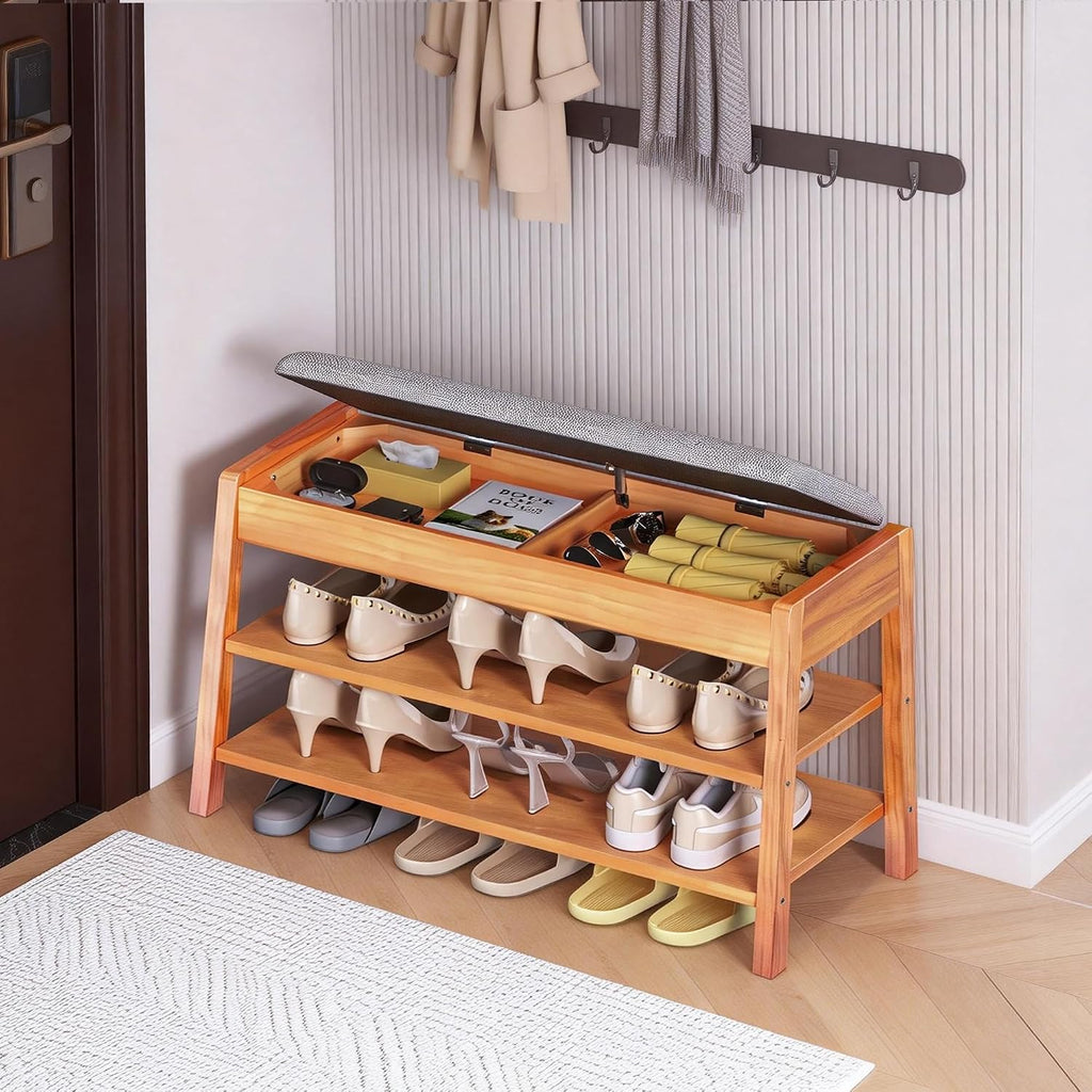 Shoe Rack Bench with Storage, 2-Tier Entryway Bench with Cotton-Linen Cushion, Flip-Open Solid Wood Storage Organizer for Hallway, Living Room, Bedroom, 31.5”