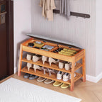 Shoe Rack Bench with Storage, 2-Tier Entryway Bench with Cotton-Linen Cushion, Flip-Open Solid Wood Storage Organizer for Hallway, Living Room, Bedroom, 31.5”