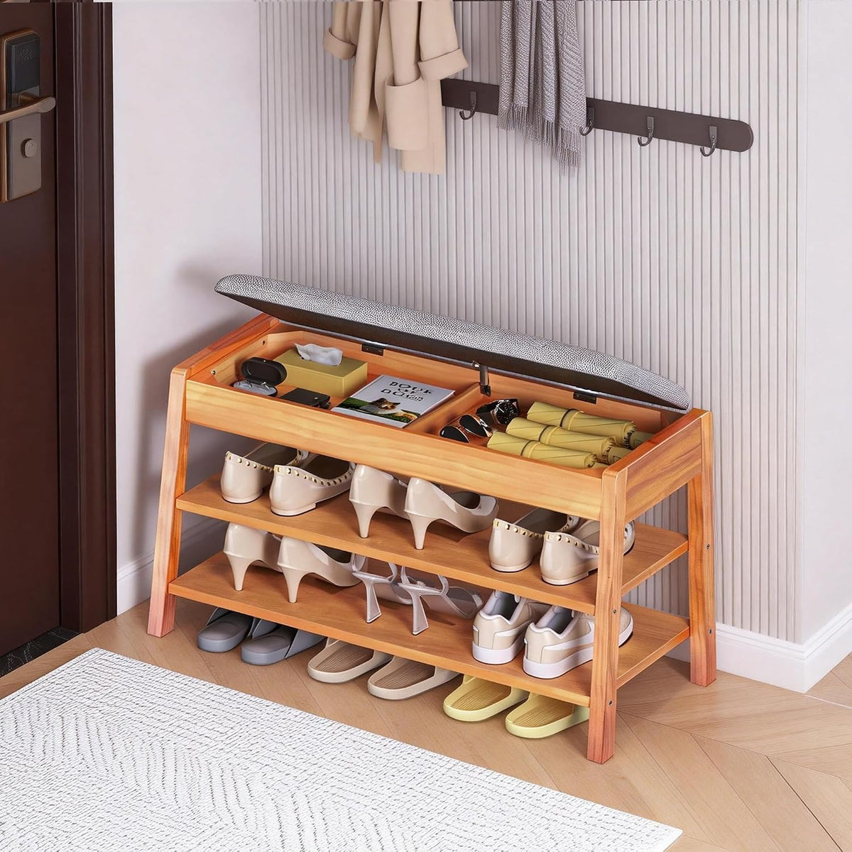 Shoe Rack Bench with Storage, 2-Tier Entryway Bench with Cotton-Linen Cushion, Flip-Open Solid Wood Storage Organizer for Hallway, Living Room, Bedroom, 31.5”