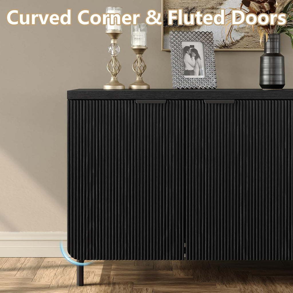 Furniouse 66.2''W Large Fluted Buffet Cabinet with 4 Doors & Shelves Wood Sideboard Buffet Table Storage Cabinet Modern Accent Console for Living Room, Black
