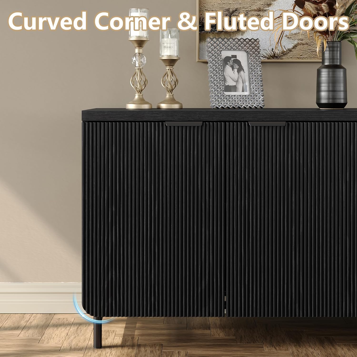 Furniouse 66.2''W Large Fluted Buffet Cabinet with 4 Doors & Shelves Wood Sideboard Buffet Table Storage Cabinet Modern Accent Console for Living Room, Black