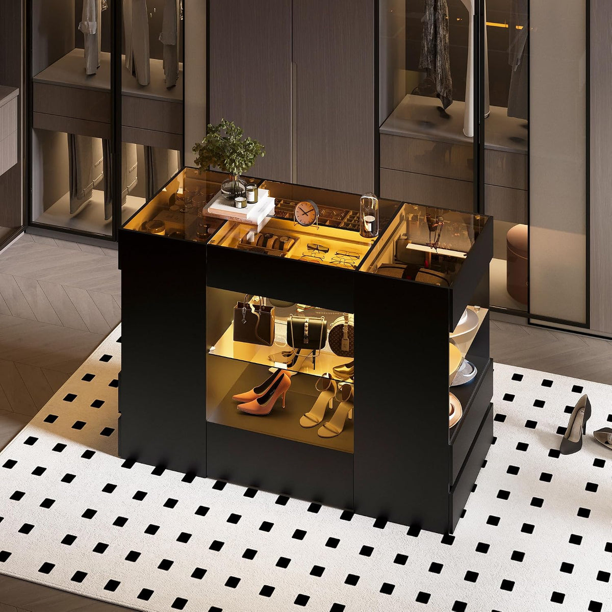 Kikihouse Modern Closet Island with 10 Drawers, LED Wardrobe Armoire Island with Glass Top, Luxury Walk-in Closet Island Storage Cabinet with Display Shelf for Cloakroom, Dressing Room (Black)