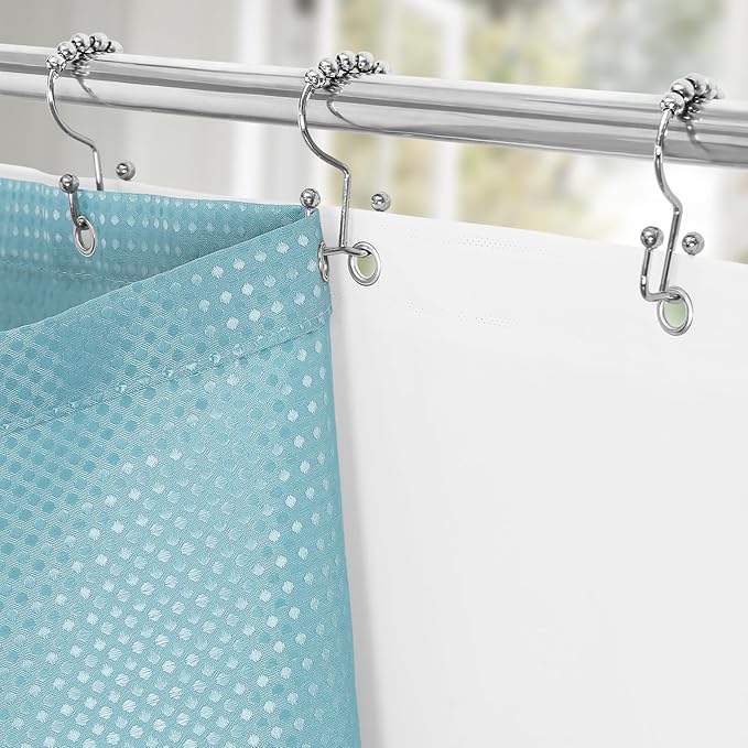 3 in 1 Extra Long Shower Curtain Set-72 W x 84 H, Teal Blue Waffle and PEVA Liner Set with 12 Stainless Steel Hooks, Waterproof Fabric for Bathroom