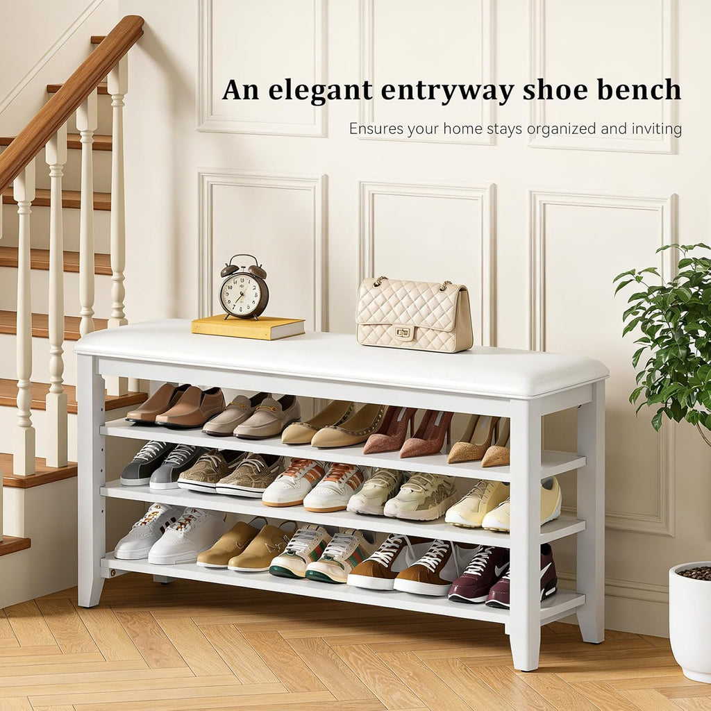 Shoe Rack Bench Entryway Storage with Leather Cushion, Shoe Organizer Bench for Entryway, Ideal for Front Doors Entrances Hallway Mudroom Featuring Rubberwood And 3 Height-Adjustable Removable Shelve