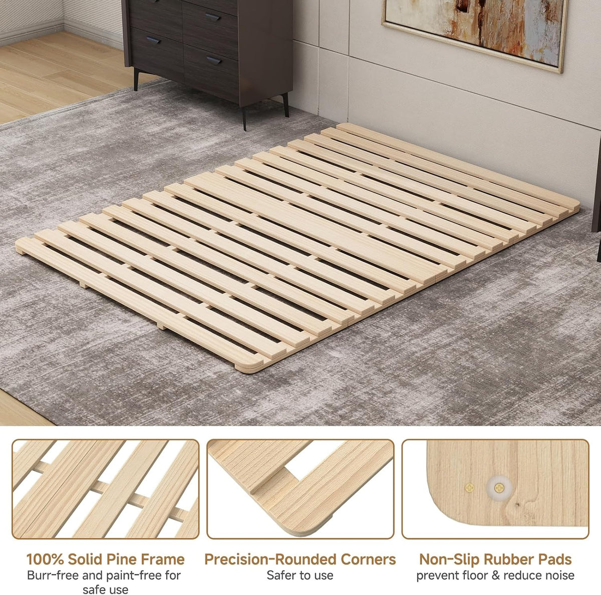 LILYPELLE Floor Bed Frame Full, Foldable Tatami Bed Frame Futon Frame | Breathable Moisture-Proof Bed Plate, Wood Slatted Floor Bed Frame, Japanese Floor Beds for Floor Sleeping & Futon Mattress