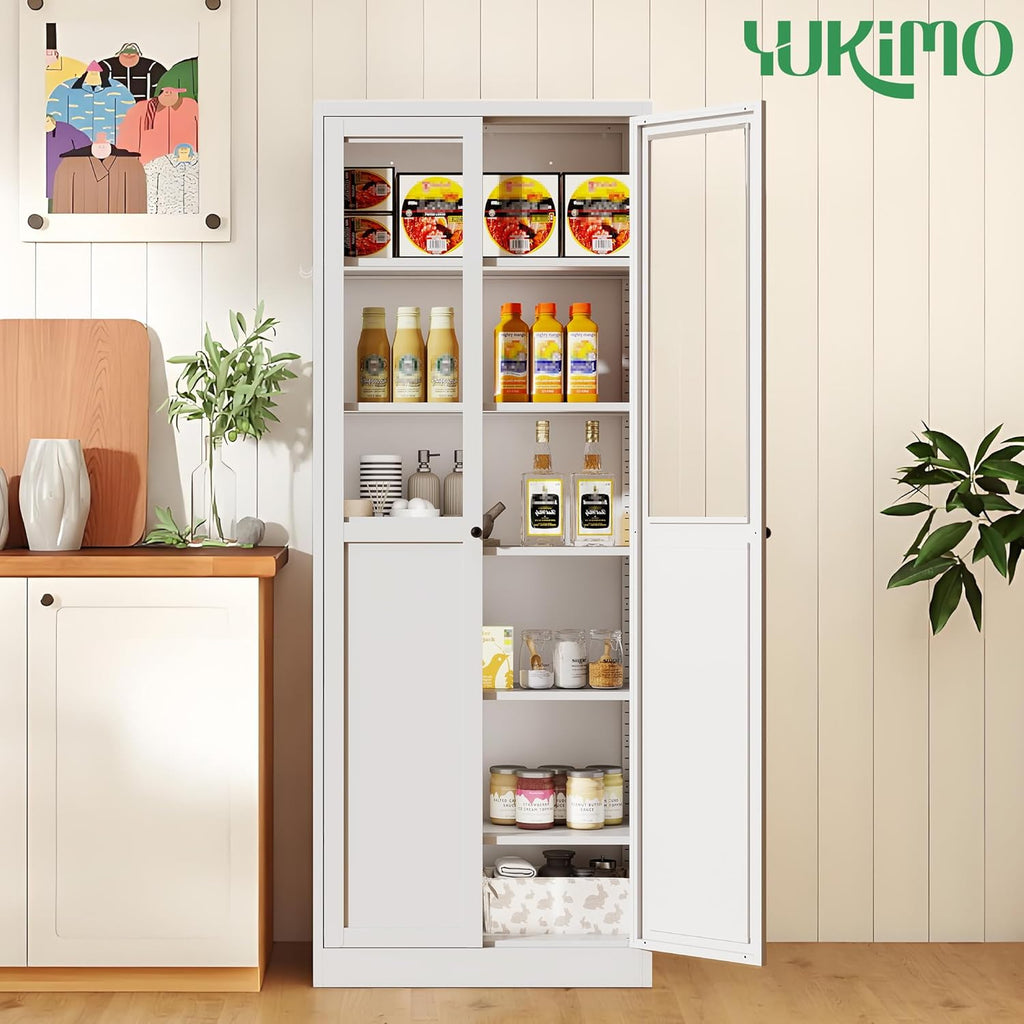 Kitchen Pantry Cabinet, 72" Tall Farmhouse Storage Cabinet, Kitchen Storage Cabinet with with Glass Doors and 5 Shelves, Cupboards Storage Shelf for Dining Room Use, Assembly Required