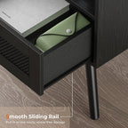 SUPERJARE Nightstands with Charging Station, Bedside Table Set of 2 with Texilene Surface Drawers, Rattan Side Table with Storage & Solid Wood Feet, End Table for Bedroom, All Black