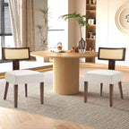 Rattan Dining Chairs Set of 2, Farmhouse Kitchen Chair with Cane Back & Wood Frame in Walnut Finish, Beige Linen Upholstered