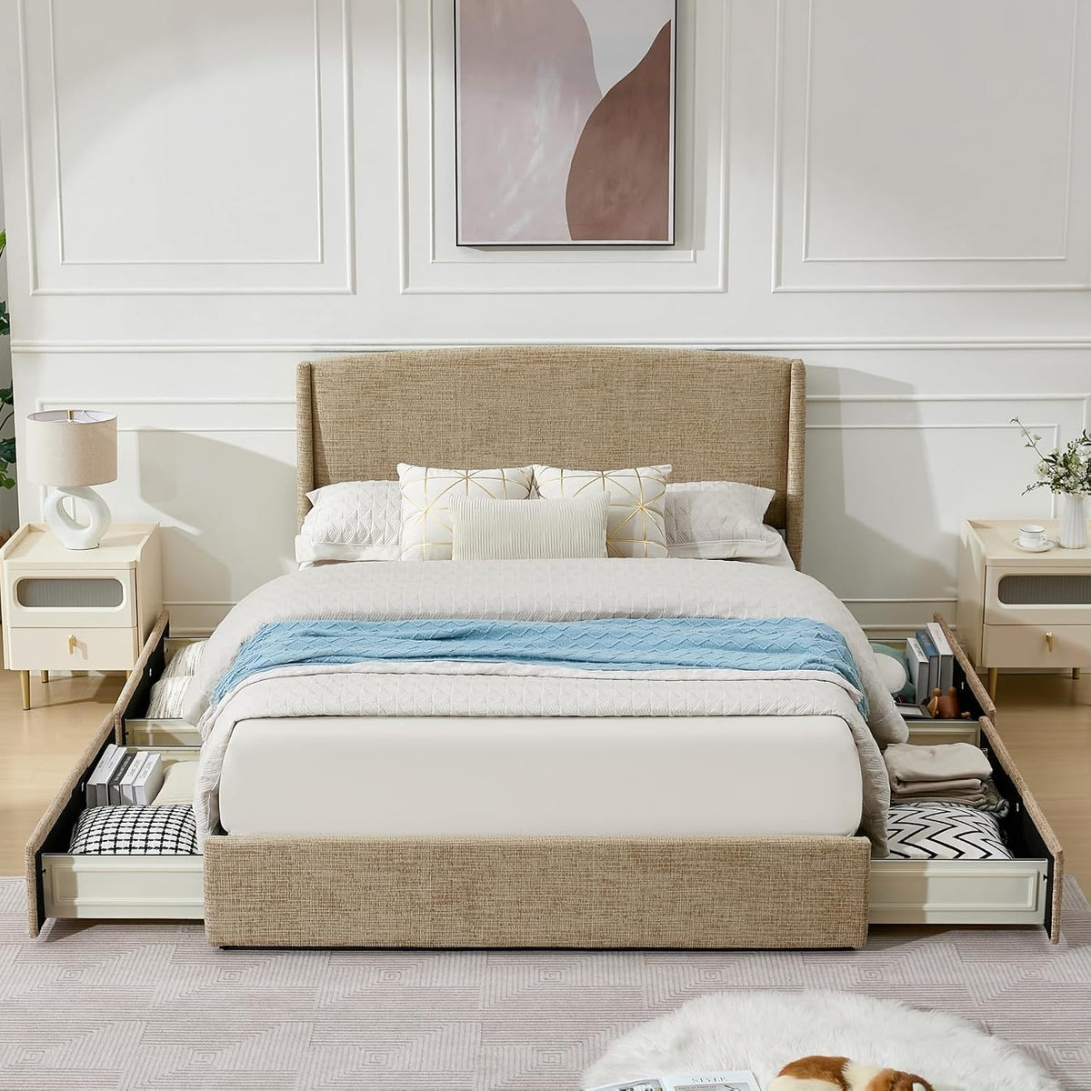 VELOCAVA Queen Storage Bed Frame with Curved Wingback Headboard, Linen-Look Upholstered Platform Bed Frame with 4 Pull-Out Drawers, Wood Slat Support, No Box Spring Needed, Beige