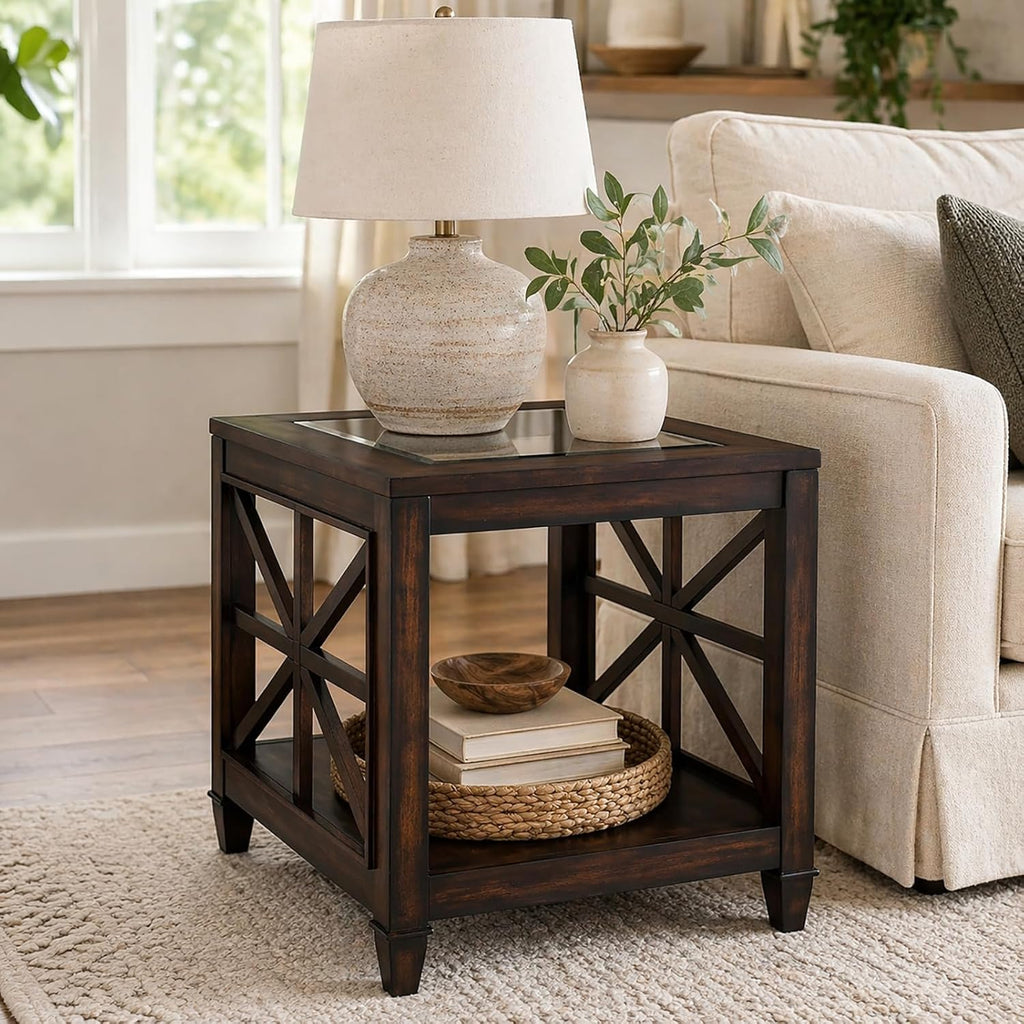 Set of 2 Large Solid Wood End Tables with Tempered Glass Top, 28" x 24" Farmhouse Side Tables, Vintage Walnut for Living Room, Bedroom, Office