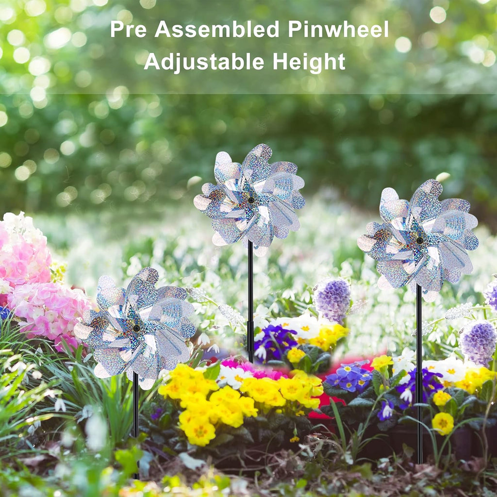10 Pack Reflective Pinwheels with Plastic Stakes| 19.7 inch Pre-Assembled Sparkle Pin Wheel Set | Scare Off Birds and Animals Away | Decorative for Garden, Yard, Lawn